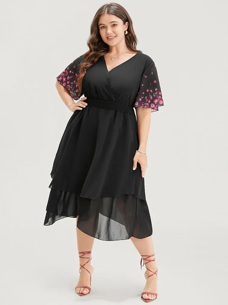 Ditsy Floral Shirred Surplice Neck Pocket Mesh Ruffle Hem Dress sold by Bloomchic