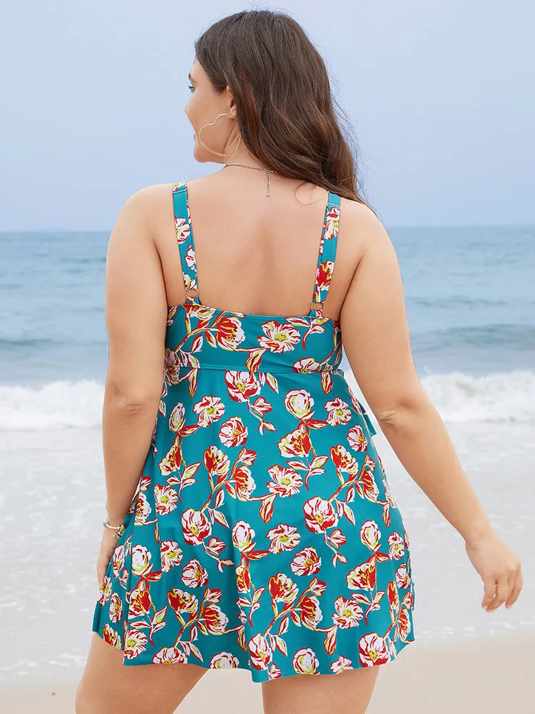 Floral Adjustable Straps Knotted Ruched Ruffle Tiered Swim Dress sold by Bloomchic product image thumbnail 2