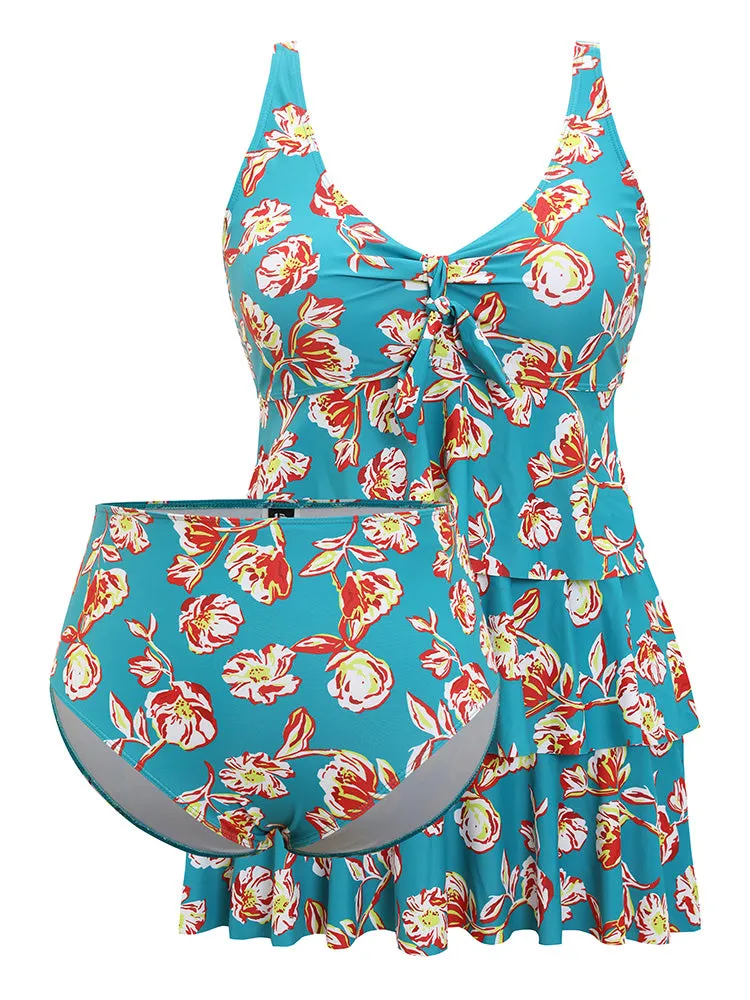 Floral Adjustable Straps Knotted Ruched Ruffle Tiered Swim Dress sold by Bloomchic product image thumbnail 3