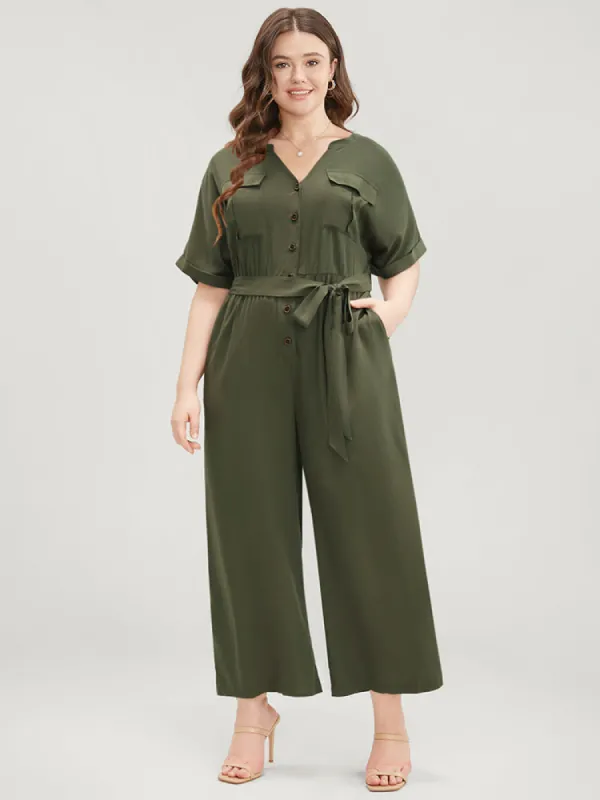 Plain Flap Pocket Belted Button Up Jumpsuit sold by Bloomchic