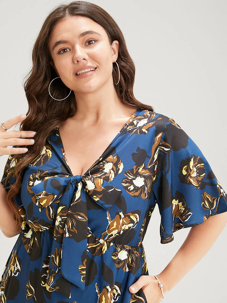 Floral Knot Front Ruffle Sleeve Pocket Asymmetrical Hem Dress sold by Bloomchic product image thumbnail 4