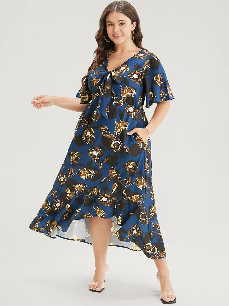 Floral Knot Front Ruffle Sleeve Pocket Asymmetrical Hem Dress sold by Bloomchic product image thumbnail 3