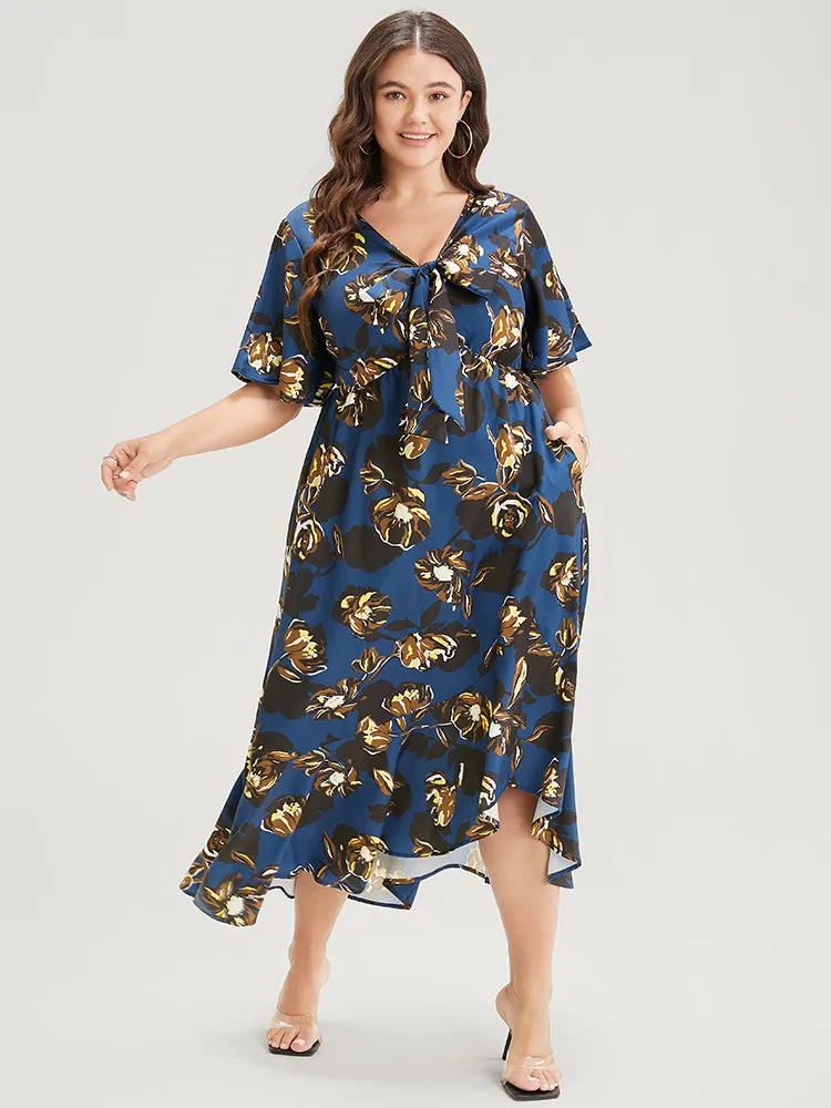Floral Knot Front Ruffle Sleeve Pocket Asymmetrical Hem Dress sold by Bloomchic product image thumbnail 2