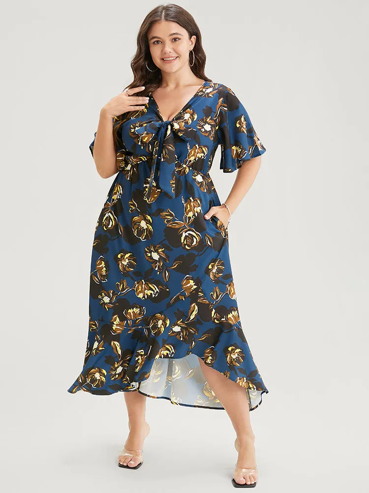 Floral Knot Front Ruffle Sleeve Pocket Asymmetrical Hem Dress sold by Bloomchic