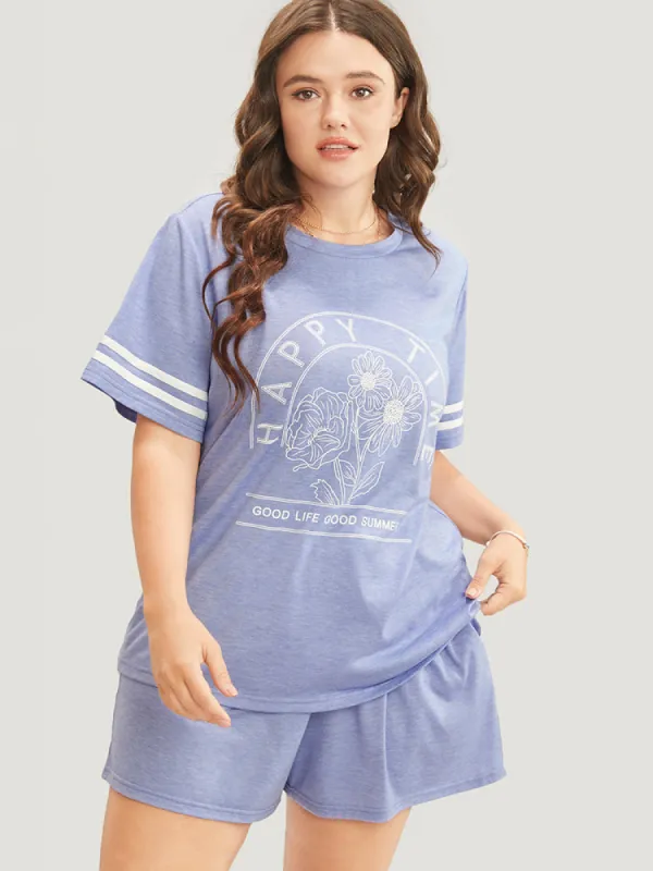 Floral & Letter Print Contrast Round Neck Sleep Top sold by Bloomchic