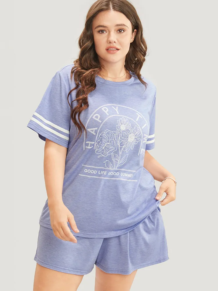 Floral & Letter Print Contrast Round Neck Sleep Top sold by Bloomchic