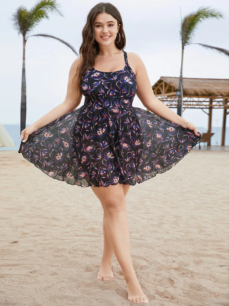 Floral Crossover Back Mesh Ruffle Hem Swim Dress sold by Bloomchic product image thumbnail 5