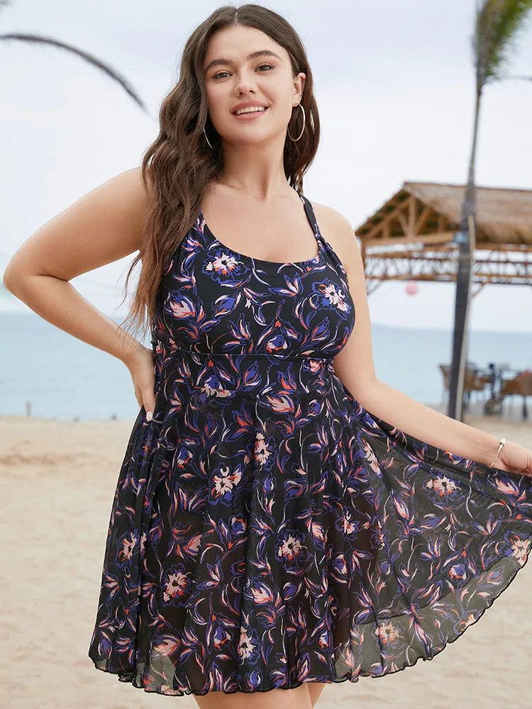 Floral Crossover Back Mesh Ruffle Hem Swim Dress sold by Bloomchic