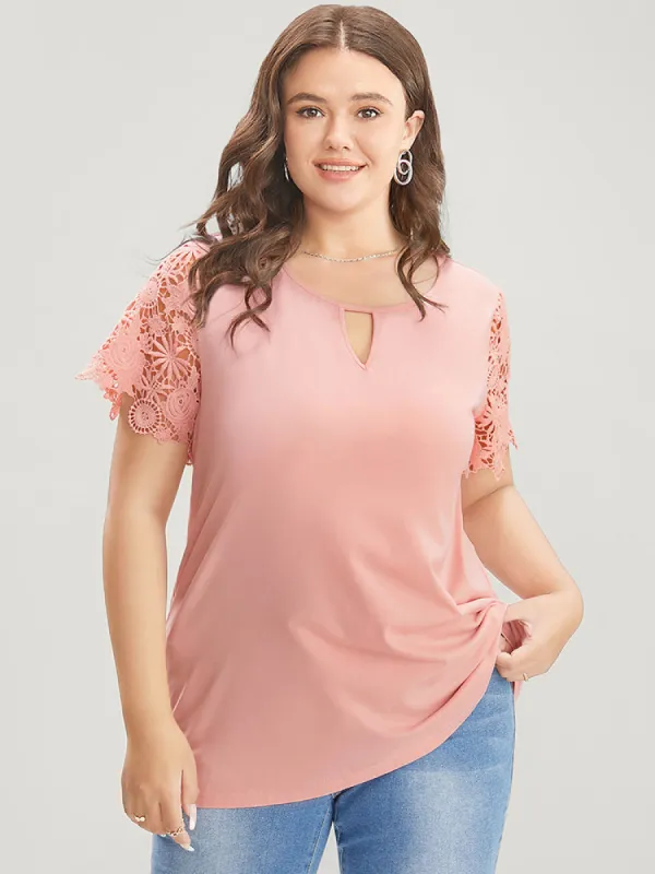 Plain Keyhole Round Neck Lace Sleeve T-shirt sold by Bloomchic