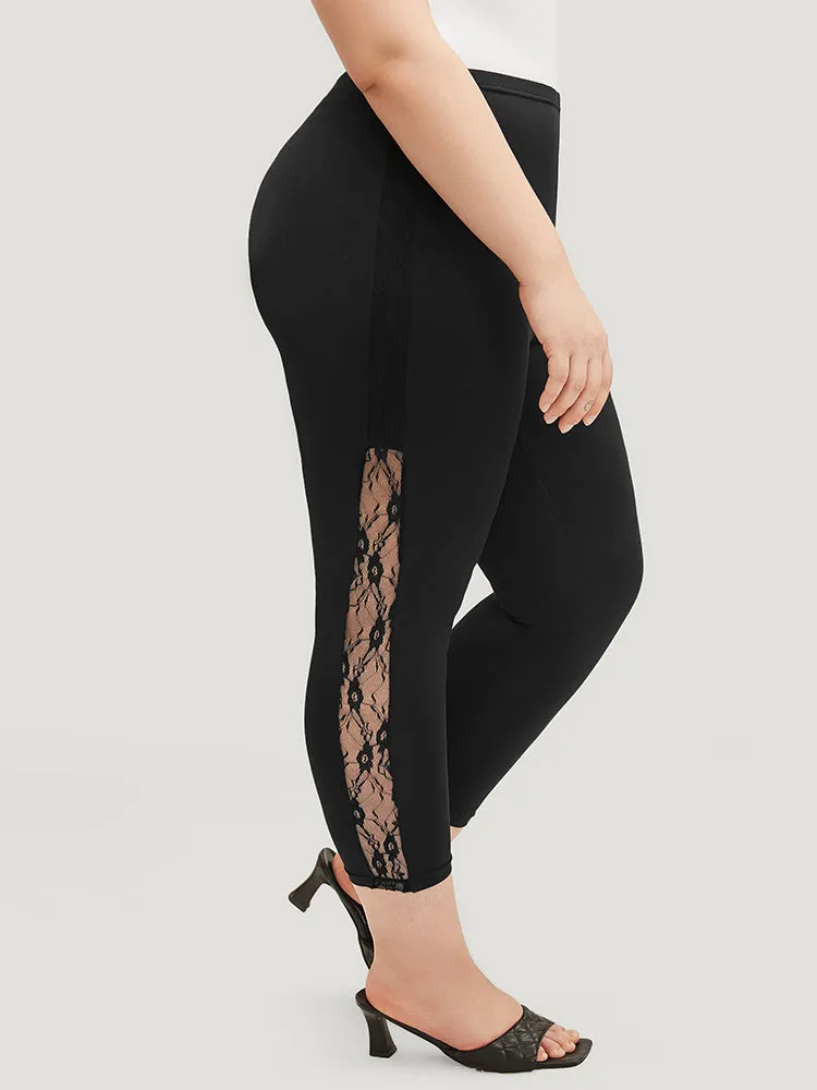 Solid Lace Insert Elastic Waist Skinny Leggings sold by Bloomchic