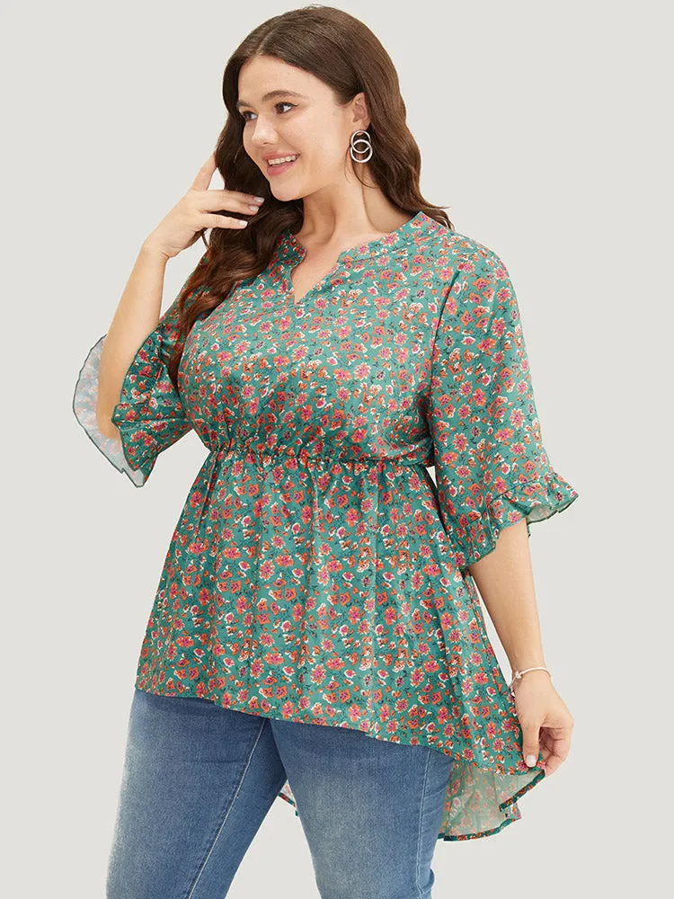 Ditsy Floral Ruffle Sleeve Notched High Low Hem Blouse sold by Bloomchic product image thumbnail 4