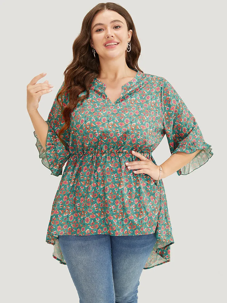 Ditsy Floral Ruffle Sleeve Notched High Low Hem Blouse sold by Bloomchic