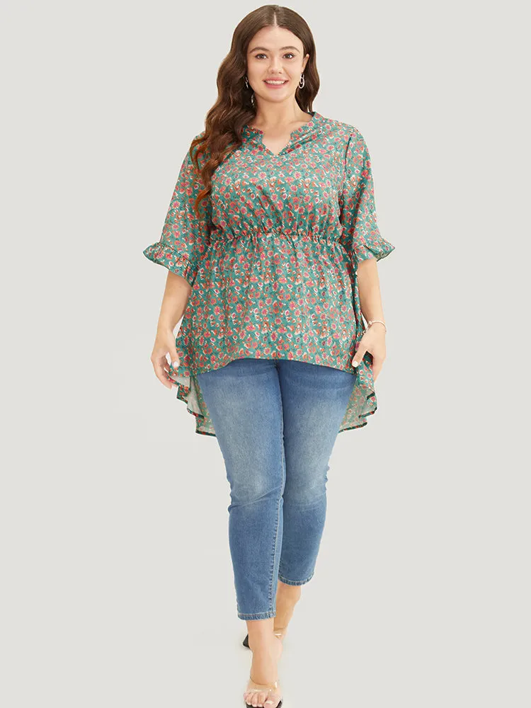 Ditsy Floral Ruffle Sleeve Notched High Low Hem Blouse sold by Bloomchic product image thumbnail 5