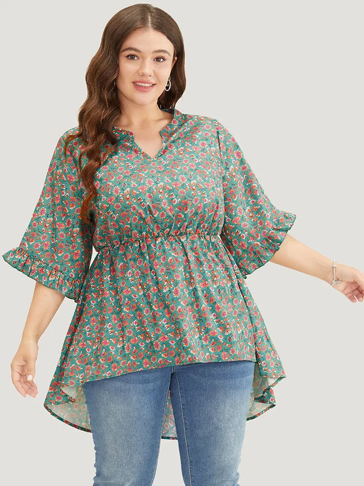 Ditsy Floral Ruffle Sleeve Notched High Low Hem Blouse sold by Bloomchic product image thumbnail 2