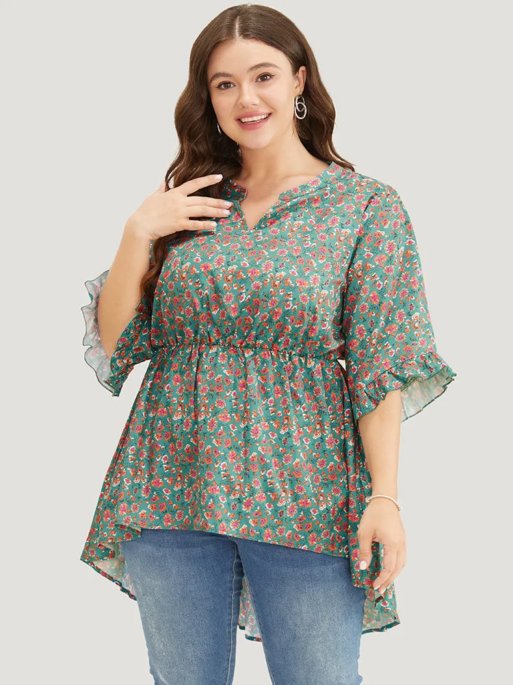 Ditsy Floral Ruffle Sleeve Notched High Low Hem Blouse sold by Bloomchic product image thumbnail 3