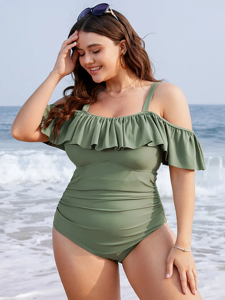 Ruffles Trim Sculpt Waist Cold Shoulder One Piece Swimsuit sold by Bloomchic