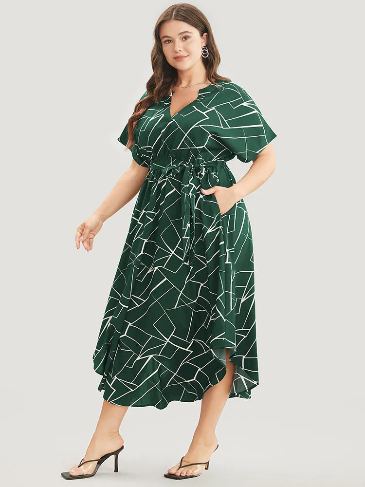 Geometric Print Notched Dolman Sleeve Pocket Belted Arc Hem Dress sold by Bloomchic product image thumbnail 3