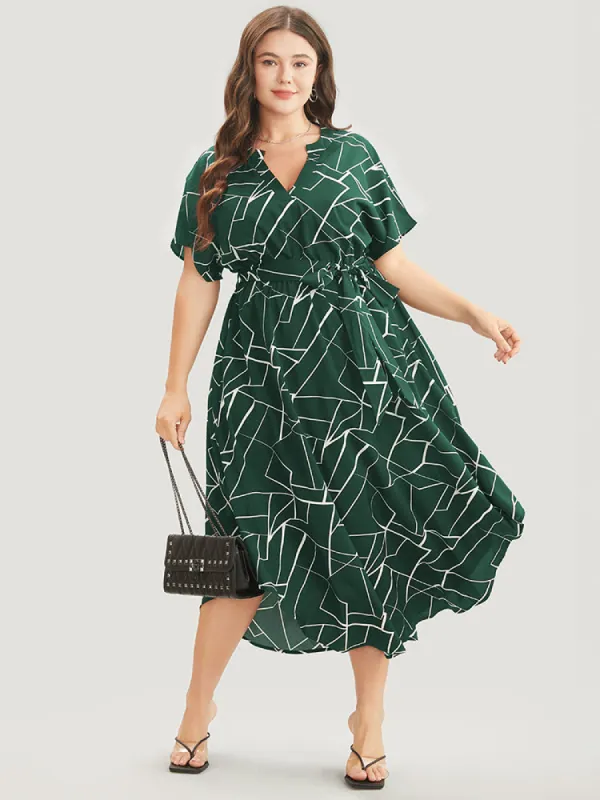 Geometric Print Notched Dolman Sleeve Pocket Belted Arc Hem Dress sold by Bloomchic