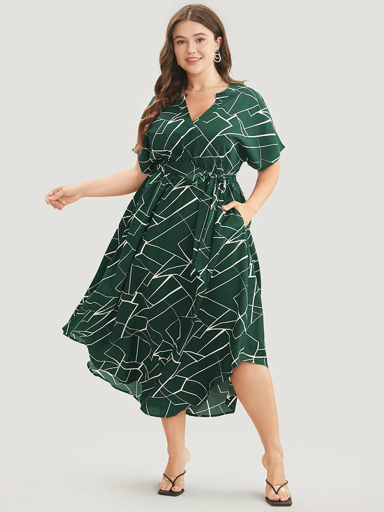 Geometric Print Notched Dolman Sleeve Pocket Belted Arc Hem Dress sold by Bloomchic product image thumbnail 2