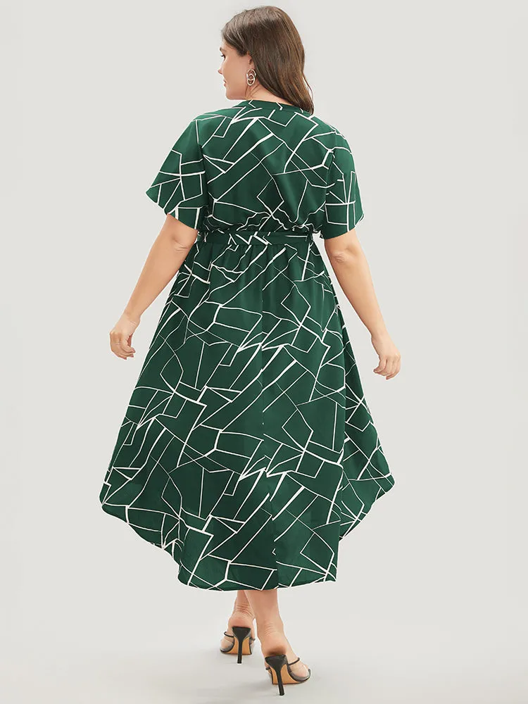 Geometric Print Notched Dolman Sleeve Pocket Belted Arc Hem Dress sold by Bloomchic product image thumbnail 4