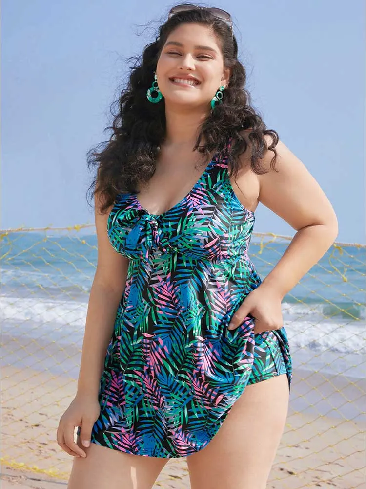 Plant Print Knotted Front Ruffles Swim Dress sold by Bloomchic