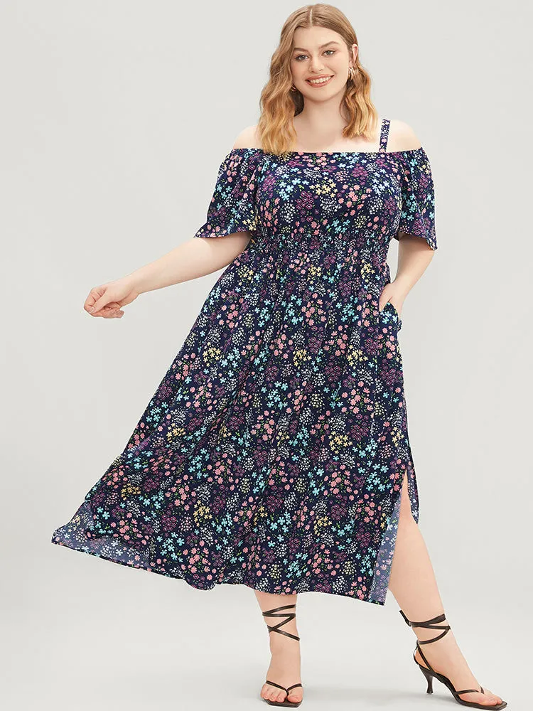 Ditsy Floral Ruffles Pocket Shirred Split Hem Cami Dress sold by Bloomchic product image thumbnail 3