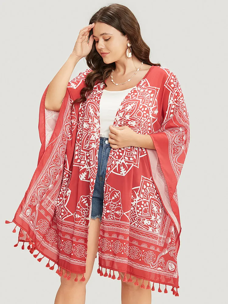 Bandana Print Tassels Hem Open Front Kimono sold by Bloomchic