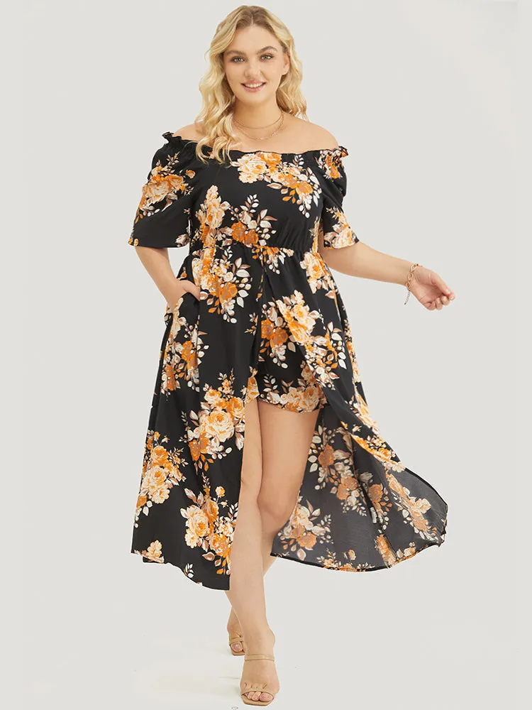 Floral Print Pocket Ruffle Off Shoulder 2-In-1 Romper sold by Bloomchic product image thumbnail 2