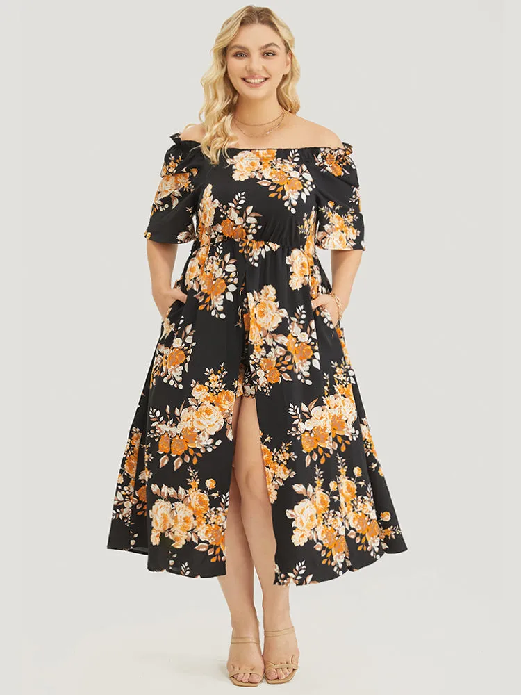 Floral Print Pocket Ruffle Off Shoulder 2-In-1 Romper sold by Bloomchic