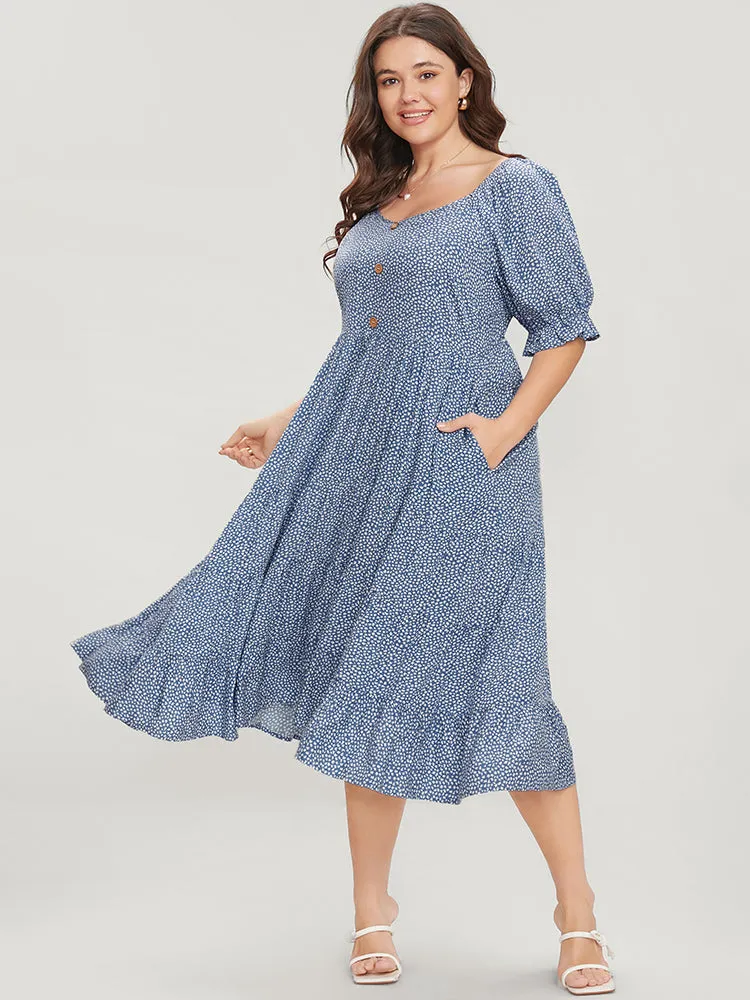 Geometric Button Detail Lantern Sleeve Ruffle Tiered Dress sold by Bloomchic product image thumbnail 4