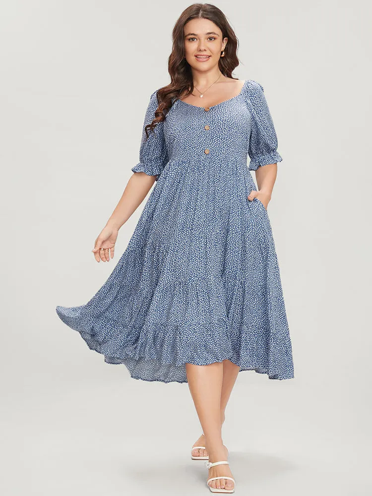 Geometric Button Detail Lantern Sleeve Ruffle Tiered Dress sold by Bloomchic