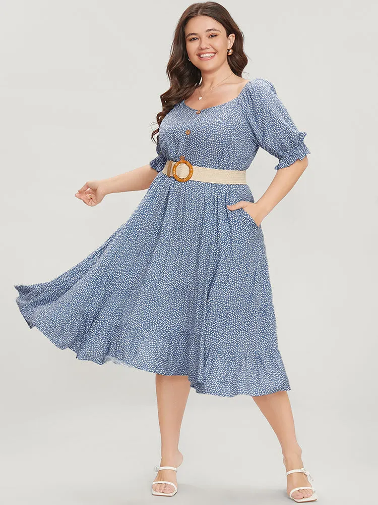 Geometric Button Detail Lantern Sleeve Ruffle Tiered Dress sold by Bloomchic product image thumbnail 3