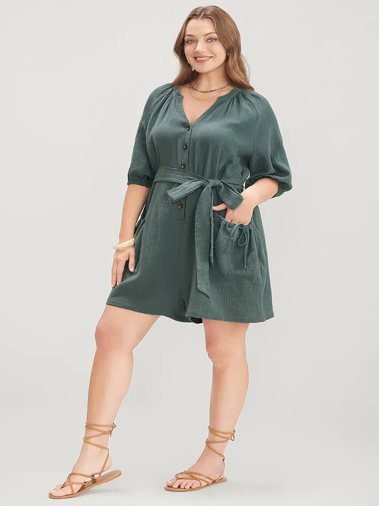 Solid Drawstring Pocket Button Up Belted Romper sold by Bloomchic product image thumbnail 2
