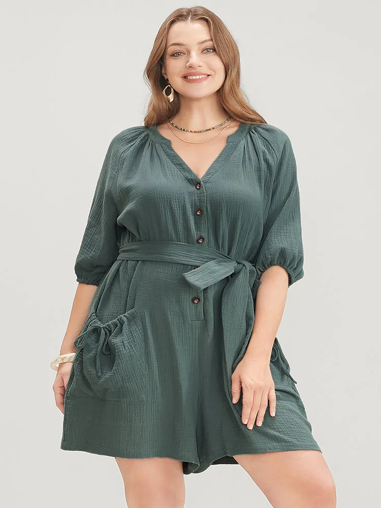 Solid Drawstring Pocket Button Up Belted Romper sold by Bloomchic product image thumbnail 4