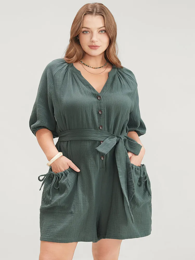 Solid Drawstring Pocket Button Up Belted Romper sold by Bloomchic product image thumbnail 3