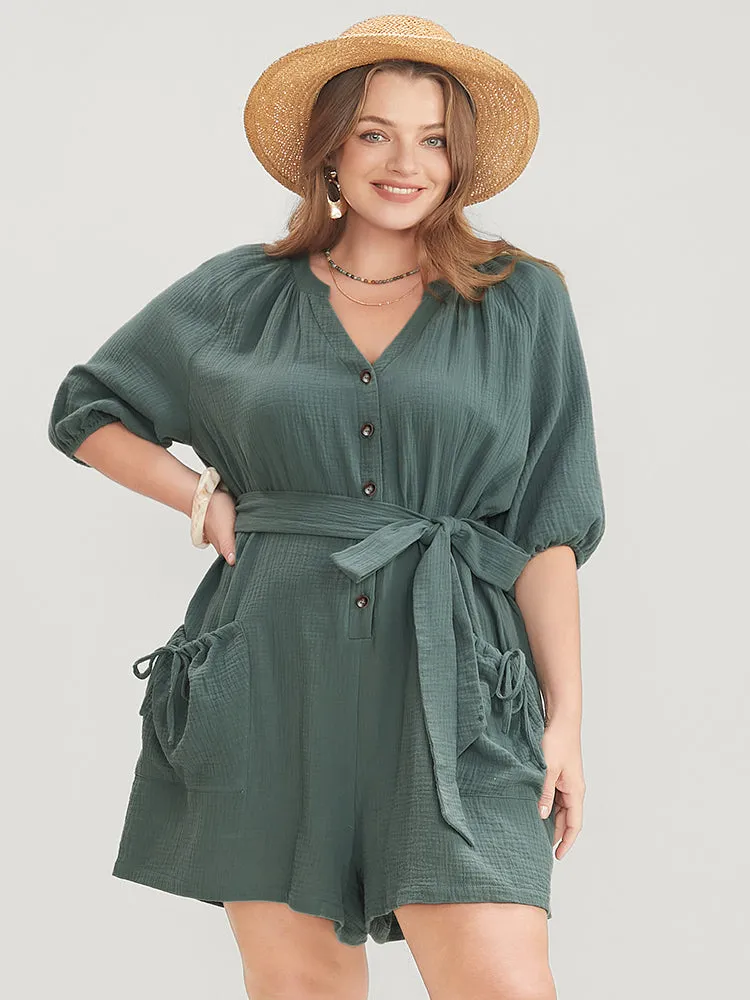 Solid Drawstring Pocket Button Up Belted Romper sold by Bloomchic
