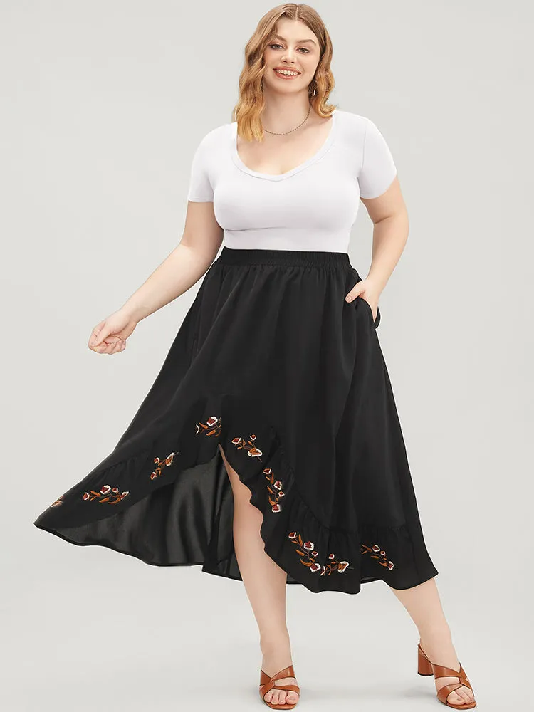 Floral Embroidered Pocket Asymmetrical Hem Skirt sold by Bloomchic product image thumbnail 2