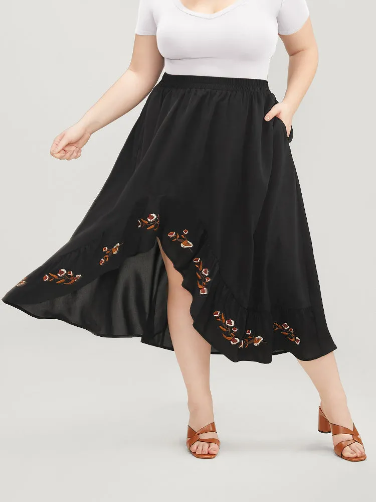 Floral Embroidered Pocket Asymmetrical Hem Skirt sold by Bloomchic