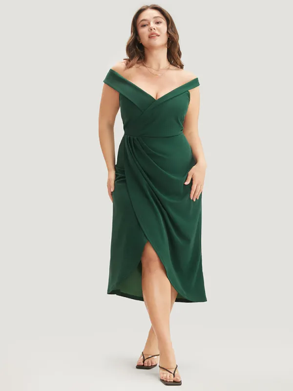 Plain Off Shoulder Zipper Back Gathered Asymmetrical Hem Dress sold by Bloomchic