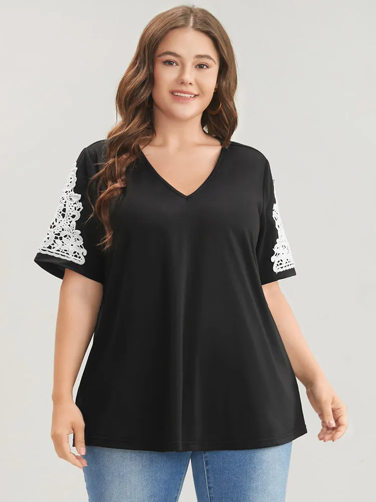 Plain Contrast Lace V Neck T-shirt sold by Bloomchic