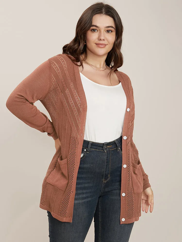 Plain Ice Rayon Yarn Eyelet Pocket Button Front Cardigan sold by Bloomchic product image thumbnail 3