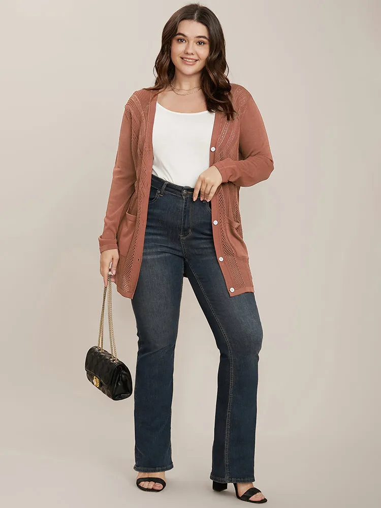 Plain Ice Rayon Yarn Eyelet Pocket Button Front Cardigan sold by Bloomchic product image thumbnail 4