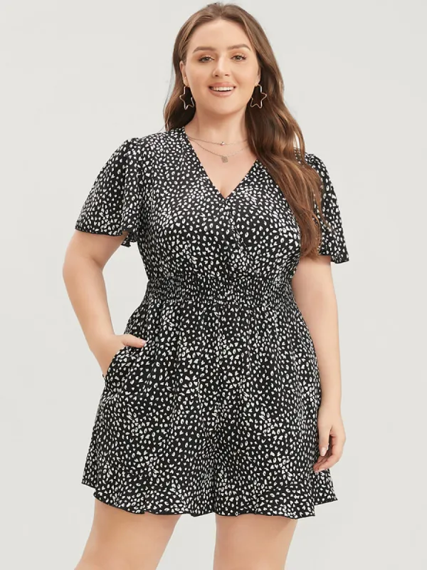 Allover Print Wrap Pocket Shirred Ruffles Romper sold by Bloomchic