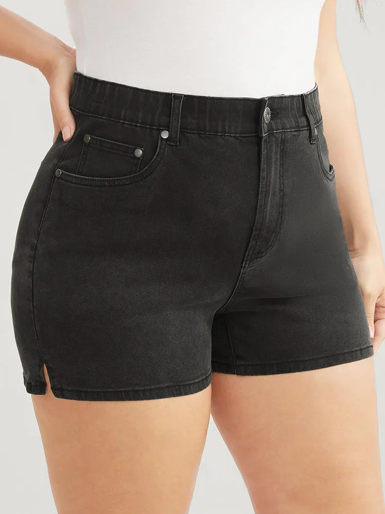 Moderately Stretchy High Rise Dark Wash Split Denim Shorts sold by Bloomchic product image thumbnail 5