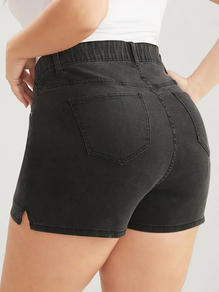 Moderately Stretchy High Rise Dark Wash Split Denim Shorts sold by Bloomchic product image thumbnail 2