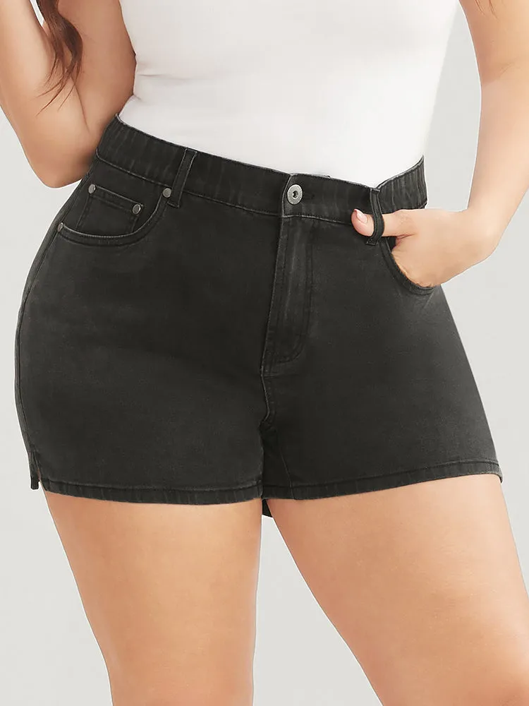 Moderately Stretchy High Rise Dark Wash Split Denim Shorts sold by Bloomchic product image thumbnail 4