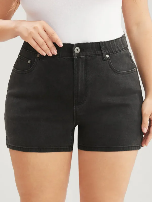 Moderately Stretchy High Rise Dark Wash Split Denim Shorts sold by Bloomchic