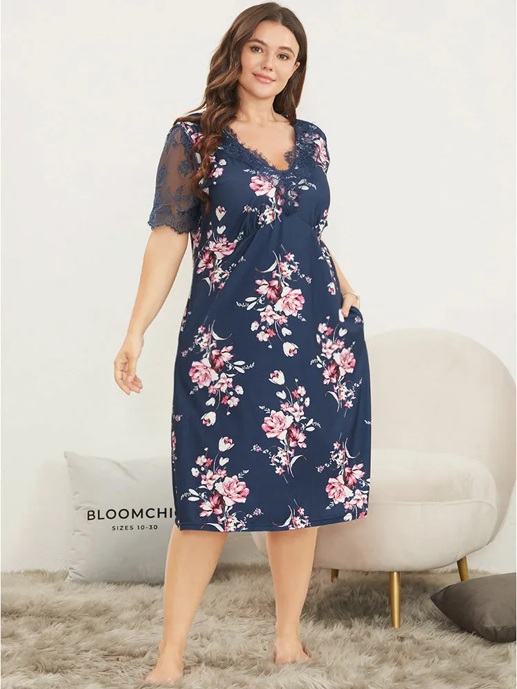 Floral Print Contrast Lace Pocket Night Dress sold by Bloomchic product image thumbnail 5