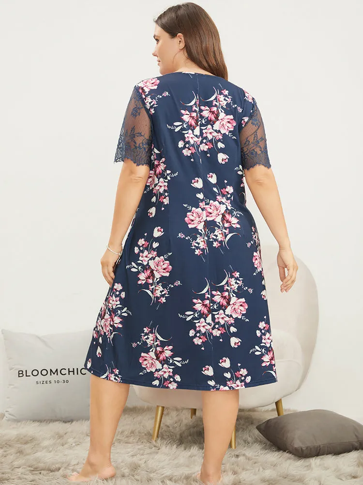 Floral Print Contrast Lace Pocket Night Dress sold by Bloomchic product image thumbnail 2