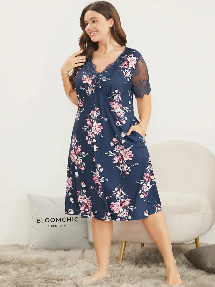 Floral Print Contrast Lace Pocket Night Dress sold by Bloomchic product image thumbnail 3